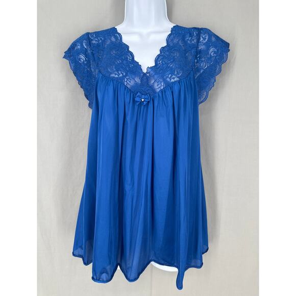90s Vintage Top Womens Large Blue Lace Flowy Slinky Bow Cottage Coquette Sleep - Picture 1 of 6